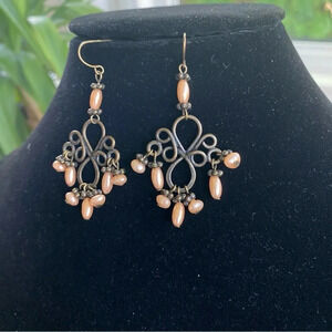 Peach Colored Ornate Antiqued Chandelier Looking Dangle Earrings